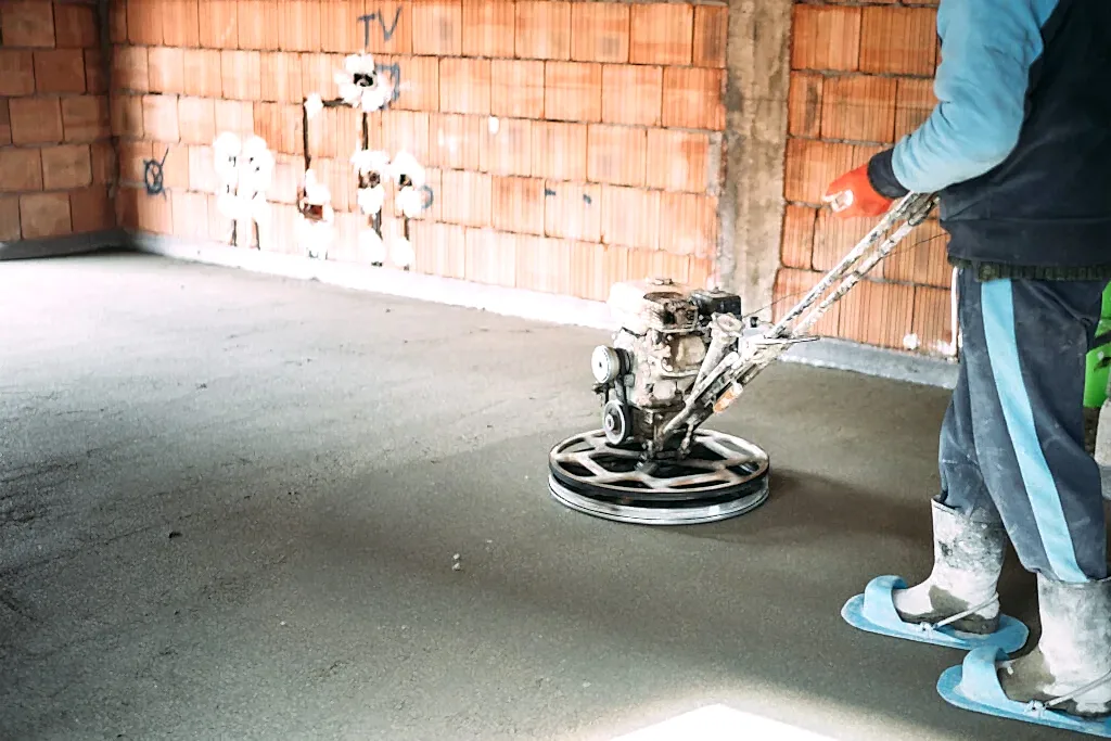 Construction worker finishes concrete screed with power trowel machine