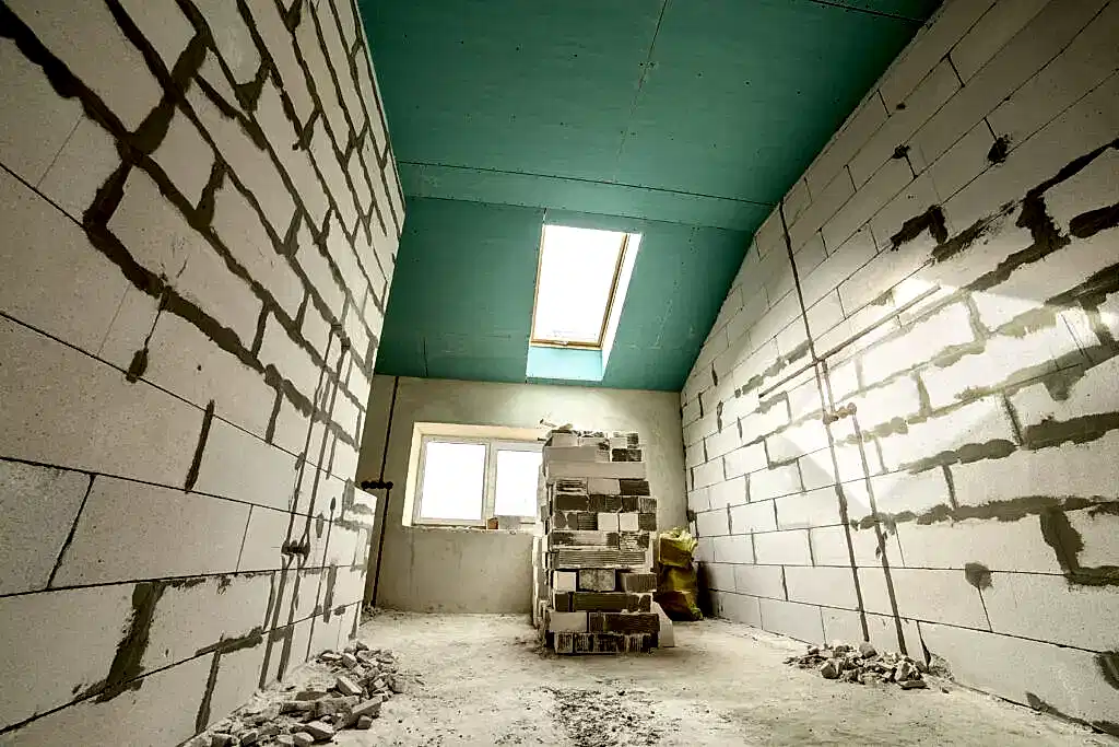 Interior of an apartment room with bare walls and ceiling under construction.
